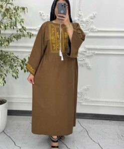 پیراهن لینن گلدوزی آستین کیمونو