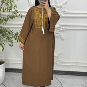 پیراهن لینن گلدوزی آستین کیمونو