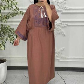 پیراهن لینن گلدوزی آستین کیمونو کالباسی