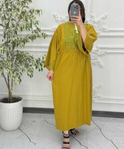 پیراهن لینن گلدوزی آستین کیمونو خردلی