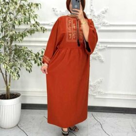 پیراهن لینن گلدوزی آستین کیمونو آجری