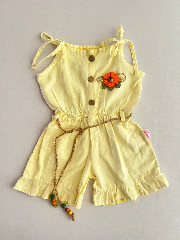 رامپر دخترانه کتان لیمویی کمربند دار ترک