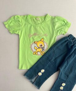 ست تیشرت شلوارک جین دخترانه طرح آهو