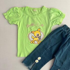 ست تیشرت شلوارک جین دخترانه طرح آهو