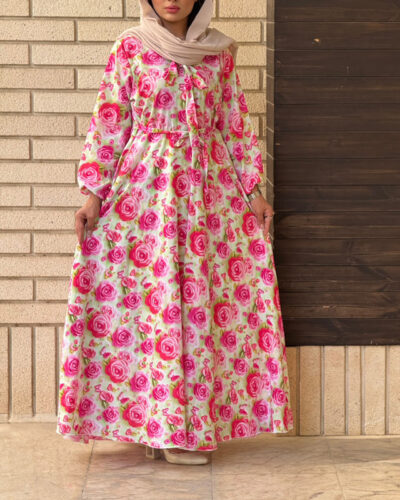 پیراهن نخی کلوش طرح گلدار 7170 - Image 5