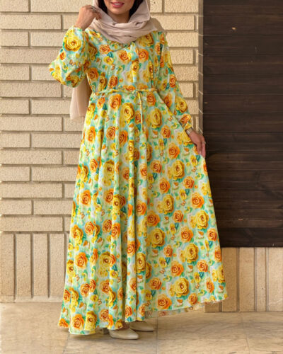 پیراهن نخی کلوش طرح گلدار 7170 - Image 4