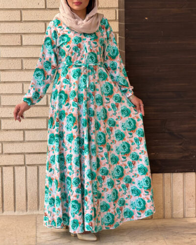 پیراهن نخی کلوش طرح گلدار 7170 - Image 2