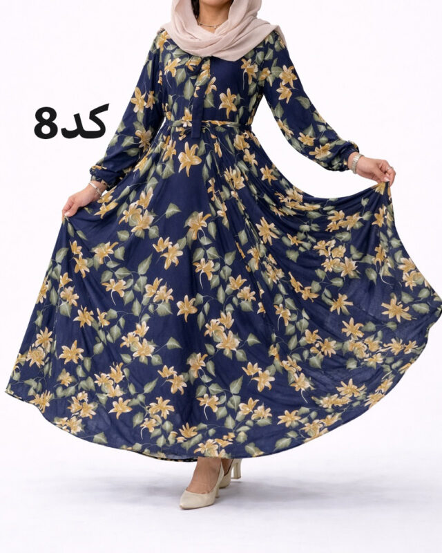 پیراهن نخی کلوش طرح دار 7169 - Image 9