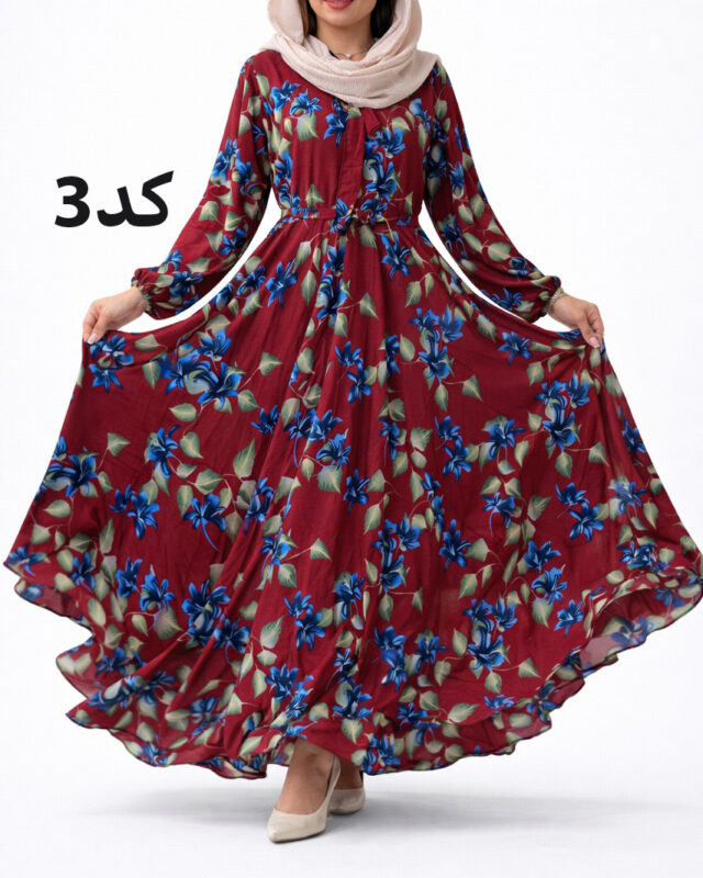 پیراهن نخی کلوش طرح دار 7169 - Image 4
