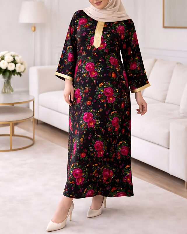 پیراهن گلدار نوارطلایی ترکمنستان M6007