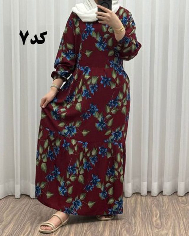 پیراهن نخی گلدار رنگبندی A7452 - Image 7